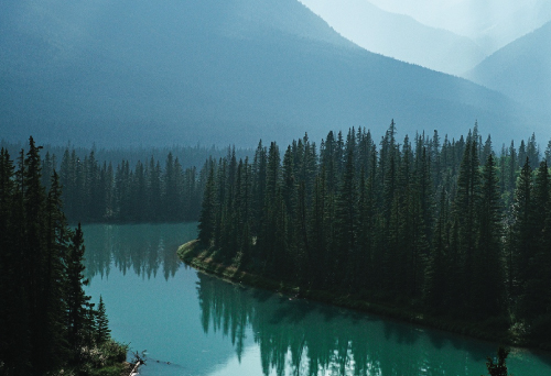 Blue mountains, green water and forest