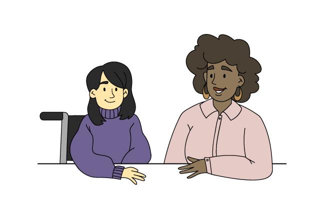 young girl in a wheel chair talking with an adult woman